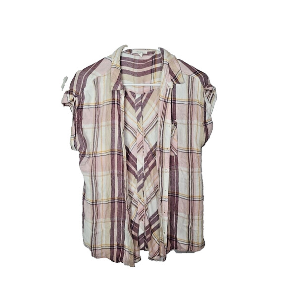 Maurices Pink Plaid Flannel Short Sleeve Button Down Top Womans Size Medium - Picture 1 of 6